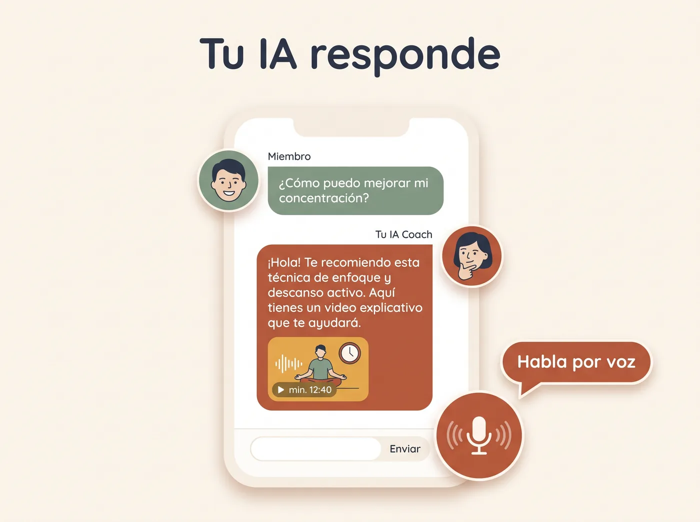 Tu IA responde a tus miembros con tus vídeos, por texto o por voz